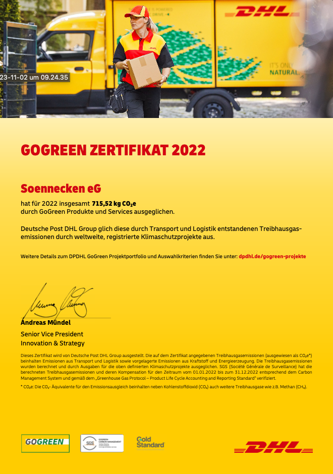 GoGreen Zertifikat: Soennecken eG hat für 2022 insgesamt 715,52kg CO2 durch GOGreen Produkte und Services ausgeglichen