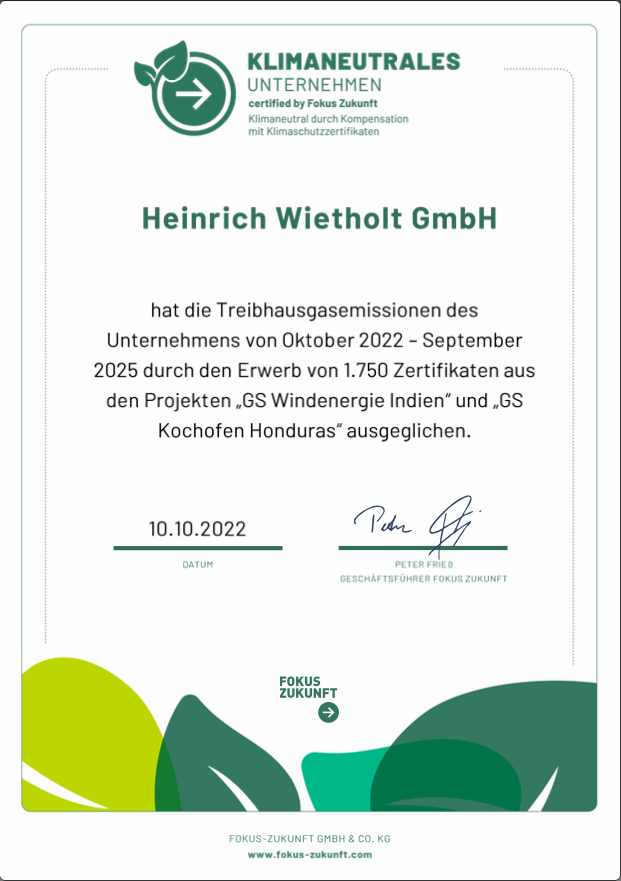 Zertifikat: Heinrich Wietholt GmbH hat die Treibhausgasemissionen des Unternehmens von Oktober 2022 - September 2022 durch den Erwerb aus Zertifikaten ausgeglichen. 