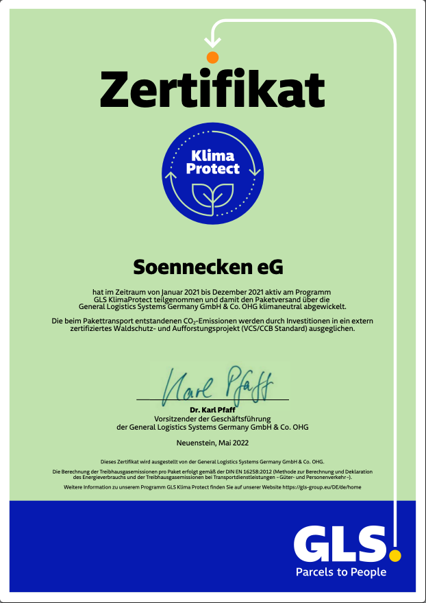 Zertifikat: Teilnahme an dem Programm GLS KlimaProtect. Damit wurde der Paketversand der Soennecken eG über GLS von Januar 2021  bis Dezember 2021 klimaneutral abgewickelt