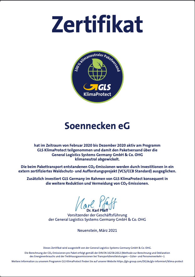 Zertifikat: Teilnahme an dem Programm GLS KlimaProtect. Damit wurde der Paketversand der Soennecken eG über GLS von Februar 2020  bis Dezember 2020 klimaneutral abgewickelt