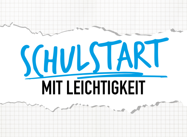 Banner Schulstart mit Leichtigkeit auf weißen Papier Hintergrund